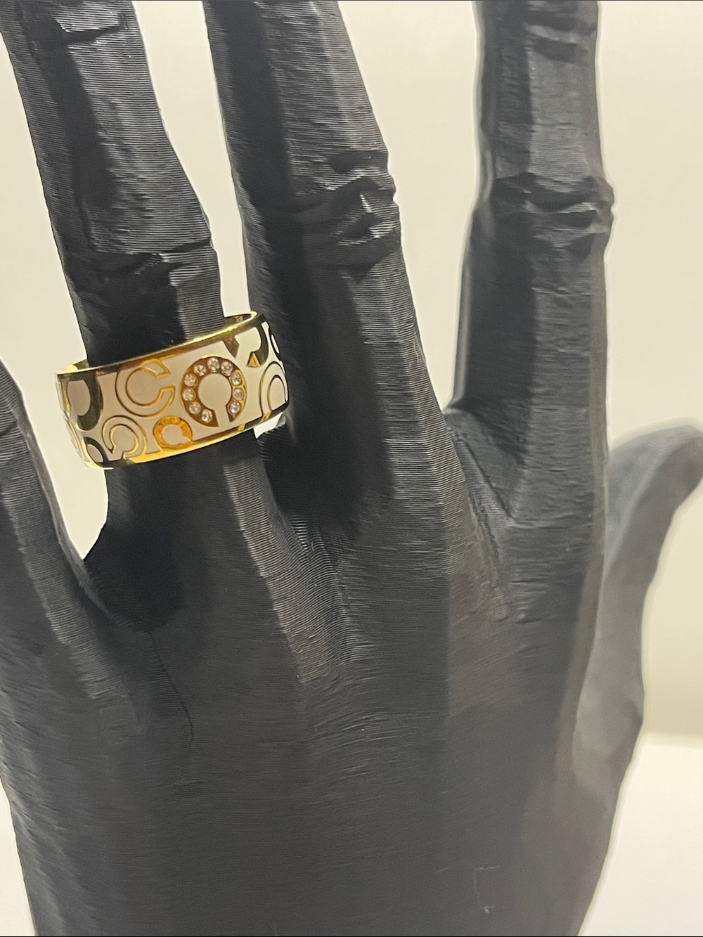 Coach Gold Tone Enamel Coach C Logo Band Ring with Crystal Accent